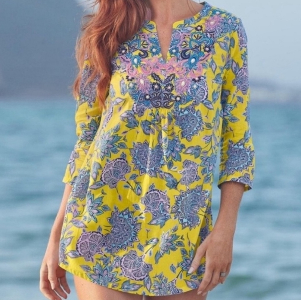 Sundance Sefina Yellow Floral Embroidered Beaded Tunic Top/Mini Dress M